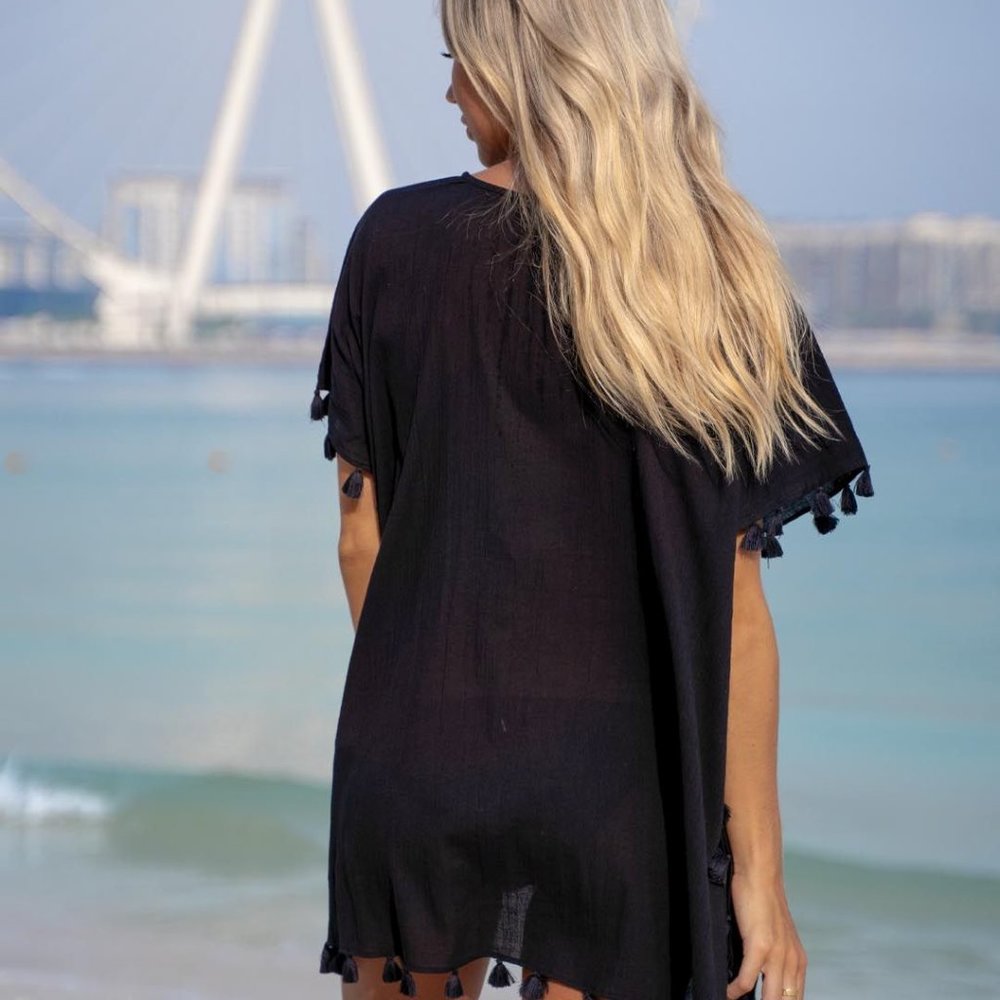 Short Summer Beach Dress Bikini Cover up Thigh Length - Black  (Restocked) - Picture 4 of 4